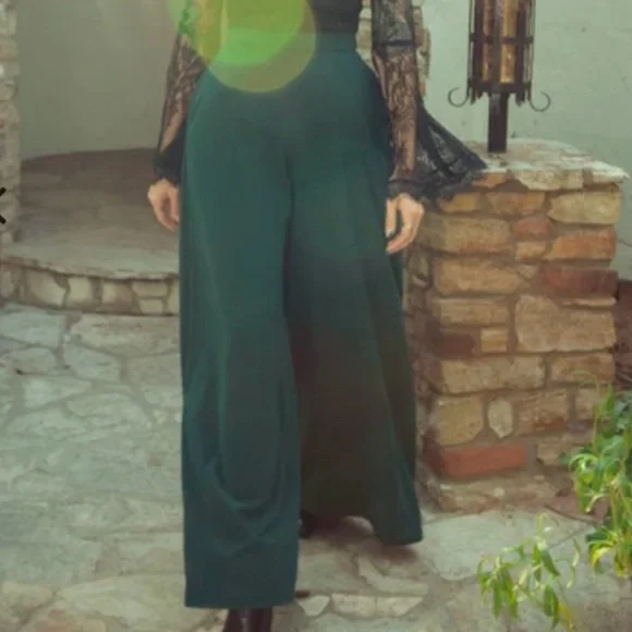 La Femme en Noir Emerald Green Palazzo Wide Leg Pants Gothic Whimsigoth Pinup L - Picture 1 of 10